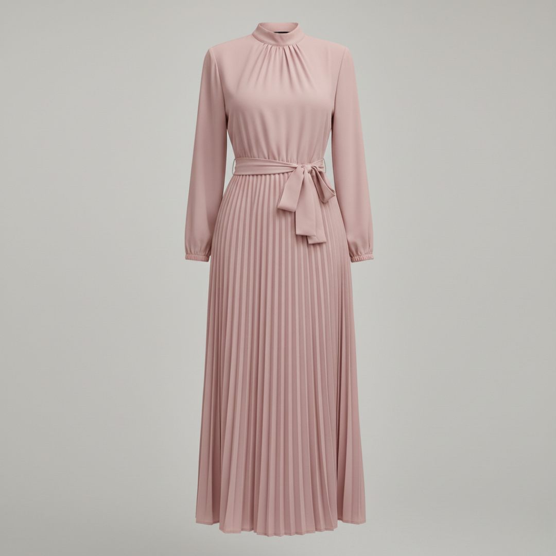 Women’s High Neck Pleated Maxi Dress Long Sleeve Belted Elegant A-Line Gown