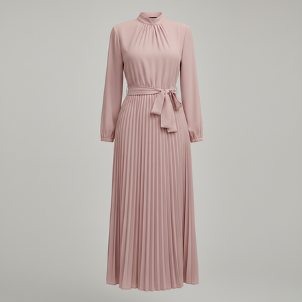 Women’s High Neck Pleated Maxi Dress Long Sleeve Belted Elegant A-Line Gown