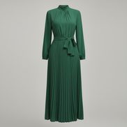Women’s High Neck Pleated Maxi Dress Long Sleeve Belted Elegant A-Line Gown