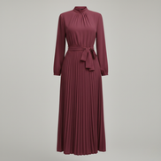 Women’s High Neck Pleated Maxi Dress Long Sleeve Belted Elegant A-Line Gown