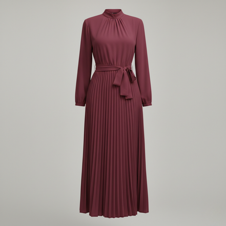 Women’s High Neck Pleated Maxi Dress Long Sleeve Belted Elegant A-Line Gown