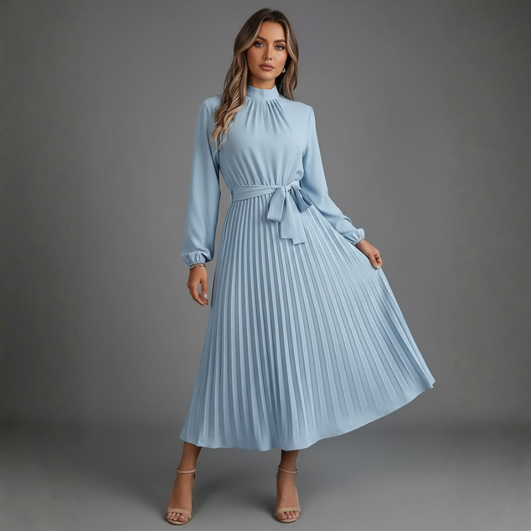 Women’s High Neck Pleated Maxi Dress Long Sleeve Belted Elegant A-Line Gown