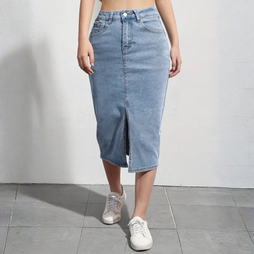 Women's High Waist Denim Midi Skirt – Flattering A-Line Design, Comfortable Stretch Fabric