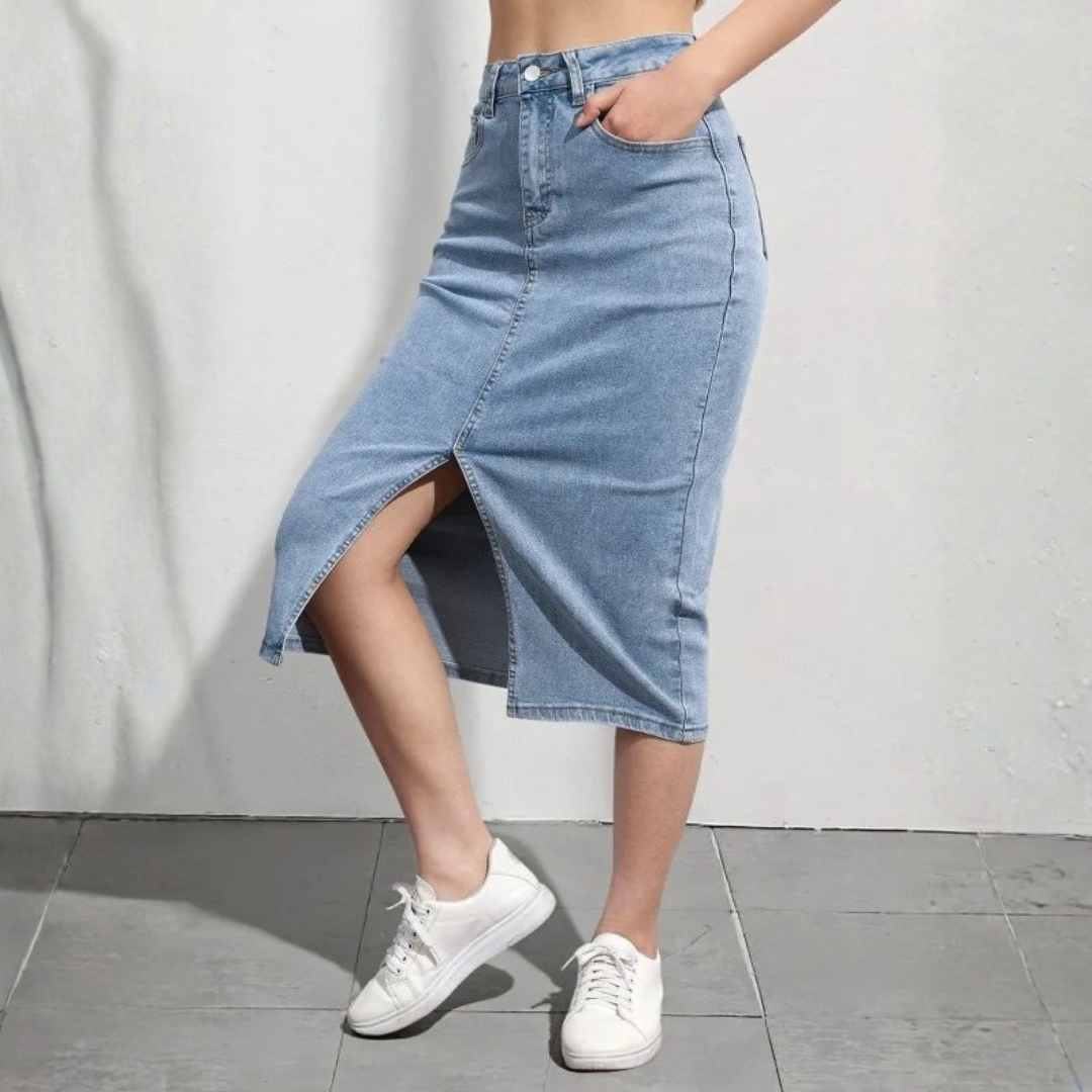 Women's High Waist Denim Midi Skirt – Flattering A-Line Design, Comfortable Stretch Fabric