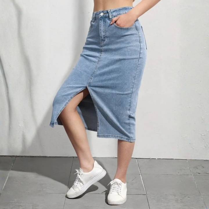Women's High Waist Denim Midi Skirt – Flattering A-Line Design, Comfortable Stretch Fabric