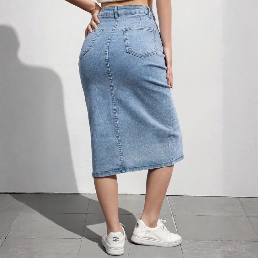 Women's High Waist Denim Midi Skirt – Flattering A-Line Design, Comfortable Stretch Fabric