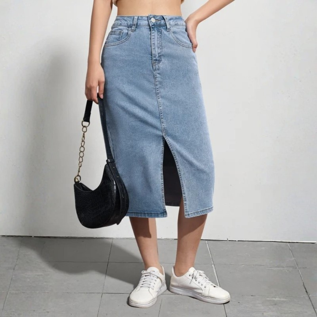 Women's High Waist Denim Midi Skirt – Flattering A-Line Design, Comfortable Stretch Fabric