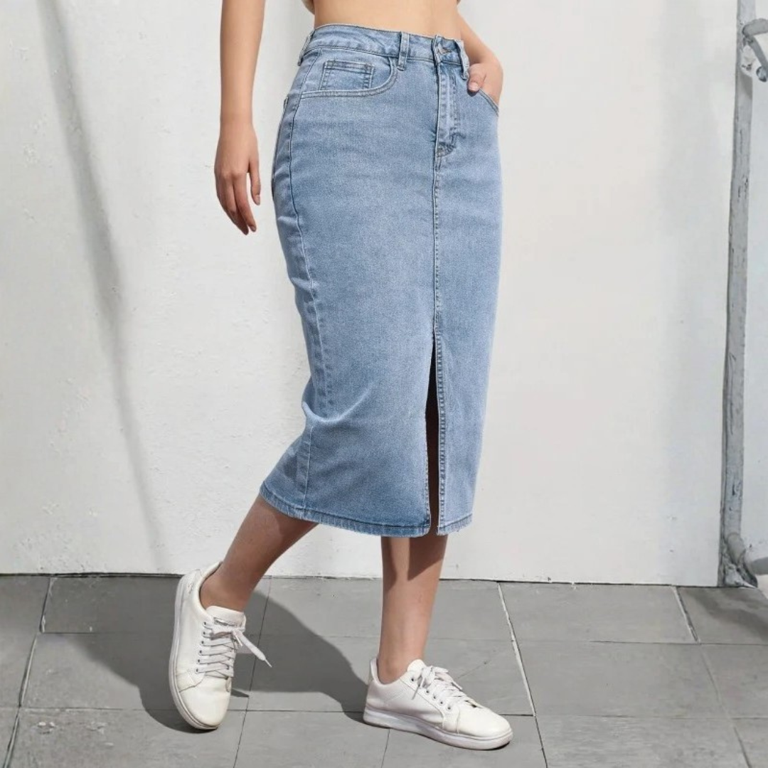Women's High Waist Denim Midi Skirt – Flattering A-Line Design, Comfortable Stretch Fabric