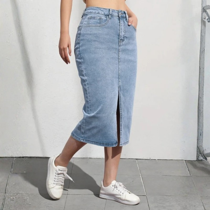Women's High Waist Denim Midi Skirt – Flattering A-Line Design, Comfortable Stretch Fabric