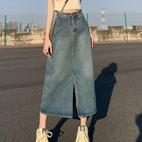 Women's High-Waist Denim Skirt – Stylish A-Line Design with Trendy Slit