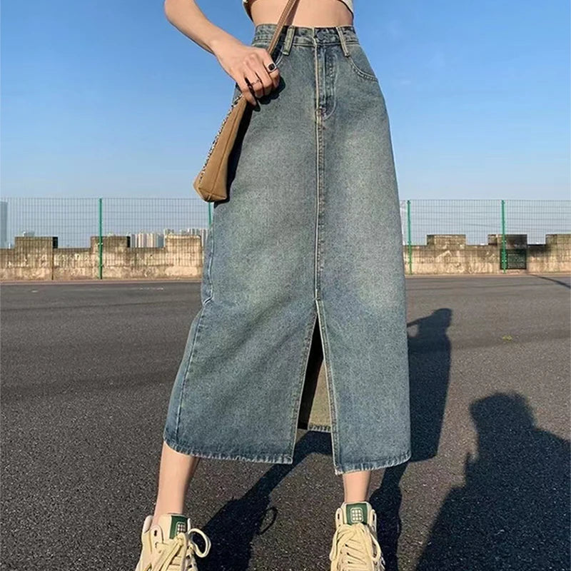 Women's High-Waist Denim Skirt – Stylish A-Line Design with Trendy Slit 3