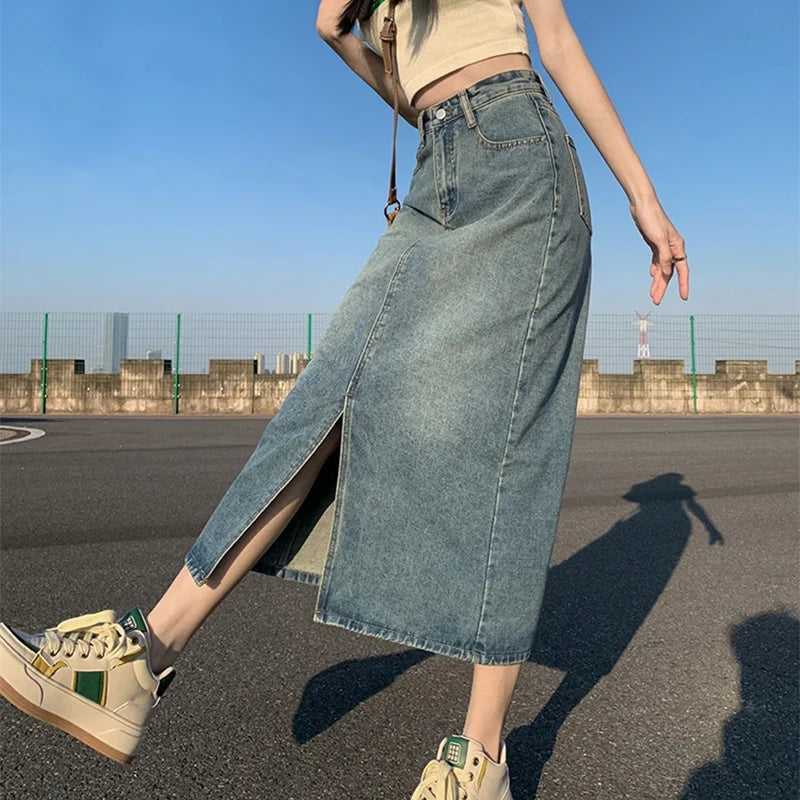 Women's High-Waist Denim Skirt – Stylish A-Line Design with Trendy Slit 2