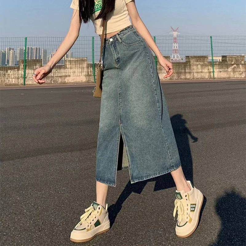 Women's High-Waist Denim Skirt – Stylish A-Line Design with Trendy Slit 4
