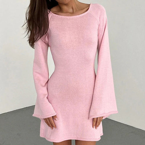 Women’s Knit Mini Dress – Long Sleeve Flared Cuff Fitted Style