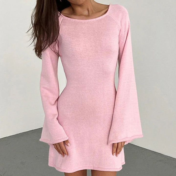Women’s Knit Mini Dress – Long Sleeve Flared Cuff Fitted Style
