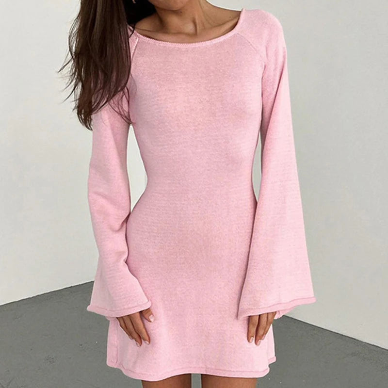 Women’s Knit Mini Dress – Long Sleeve Flared Cuff Fitted Style