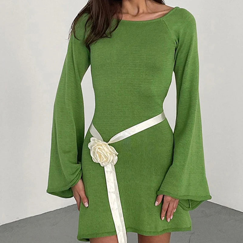 Women’s Knit Mini Dress – Long Sleeve Flared Cuff Fitted Style