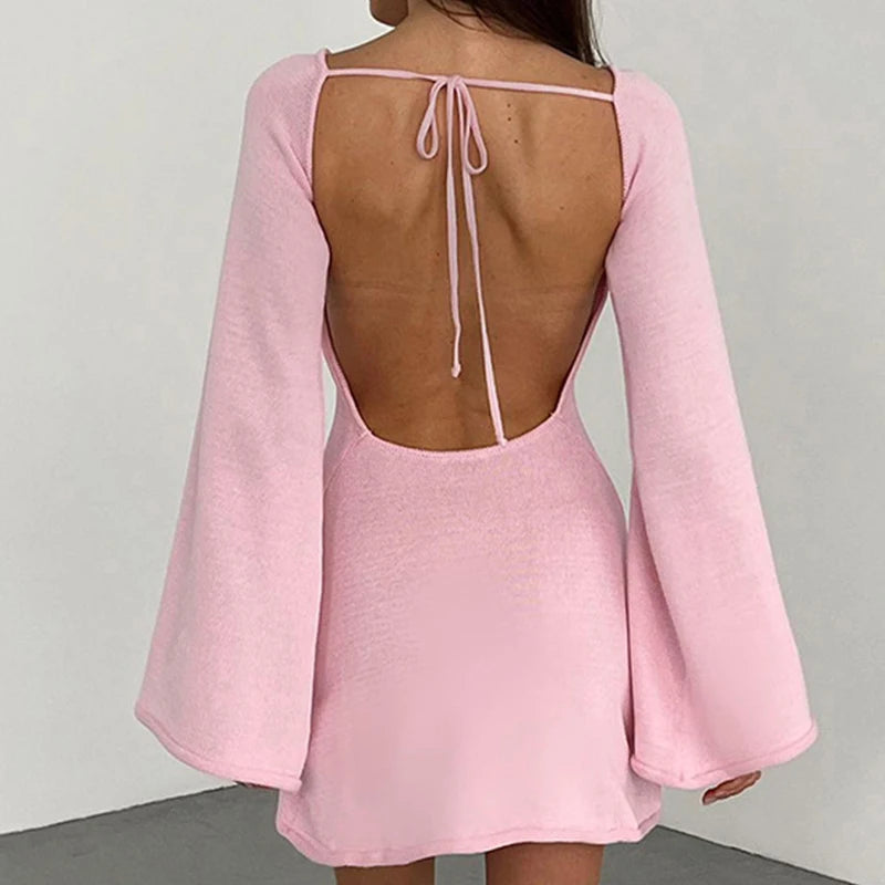 Women’s Knit Mini Dress – Long Sleeve Flared Cuff Fitted Style