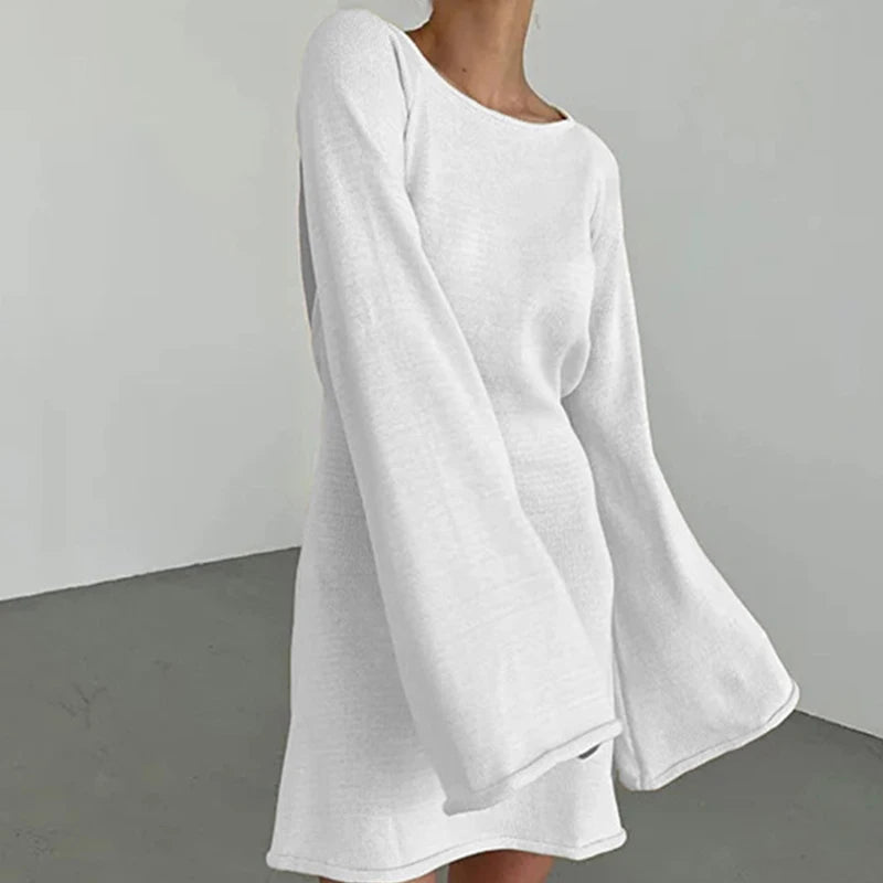 Women’s Knit Mini Dress – Long Sleeve Flared Cuff Fitted Style