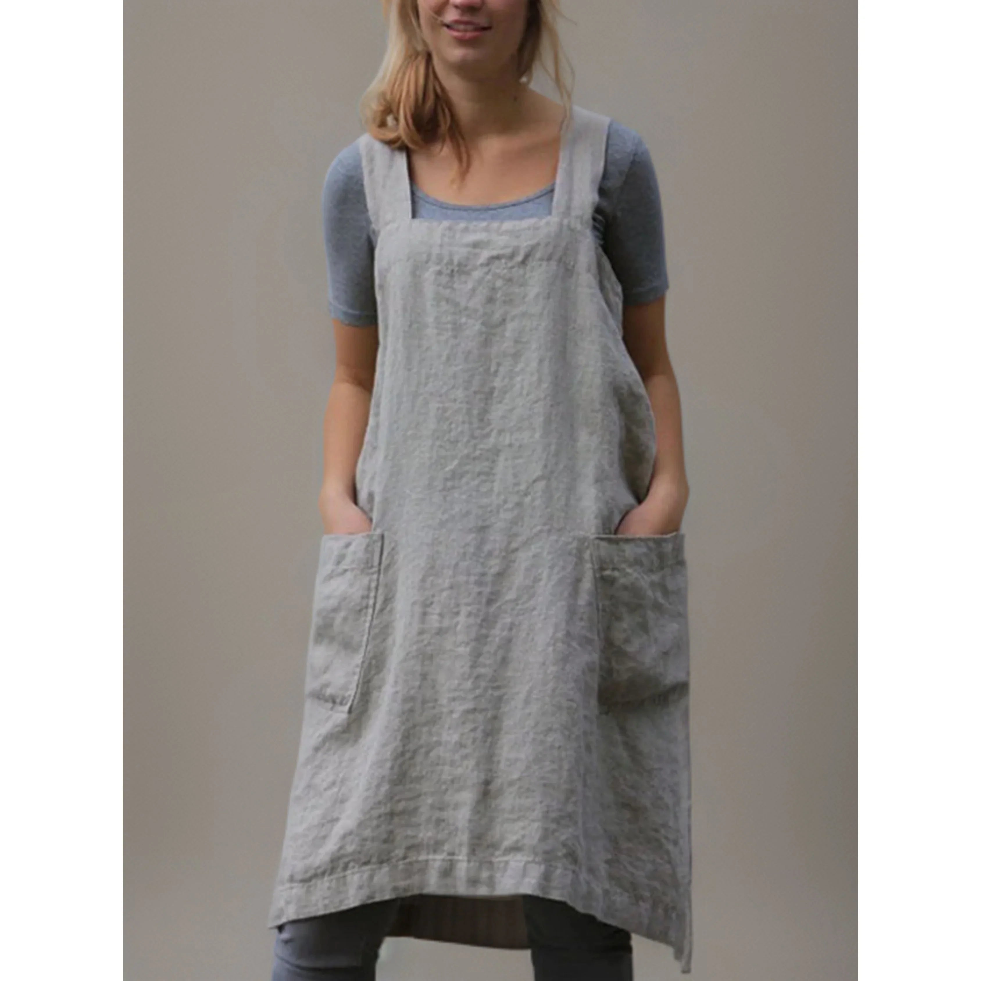 Women’s Linen Apron Midi Dress with Pockets