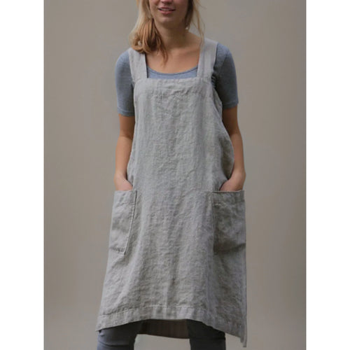 Women’s Linen Apron Midi Dress with Pockets
