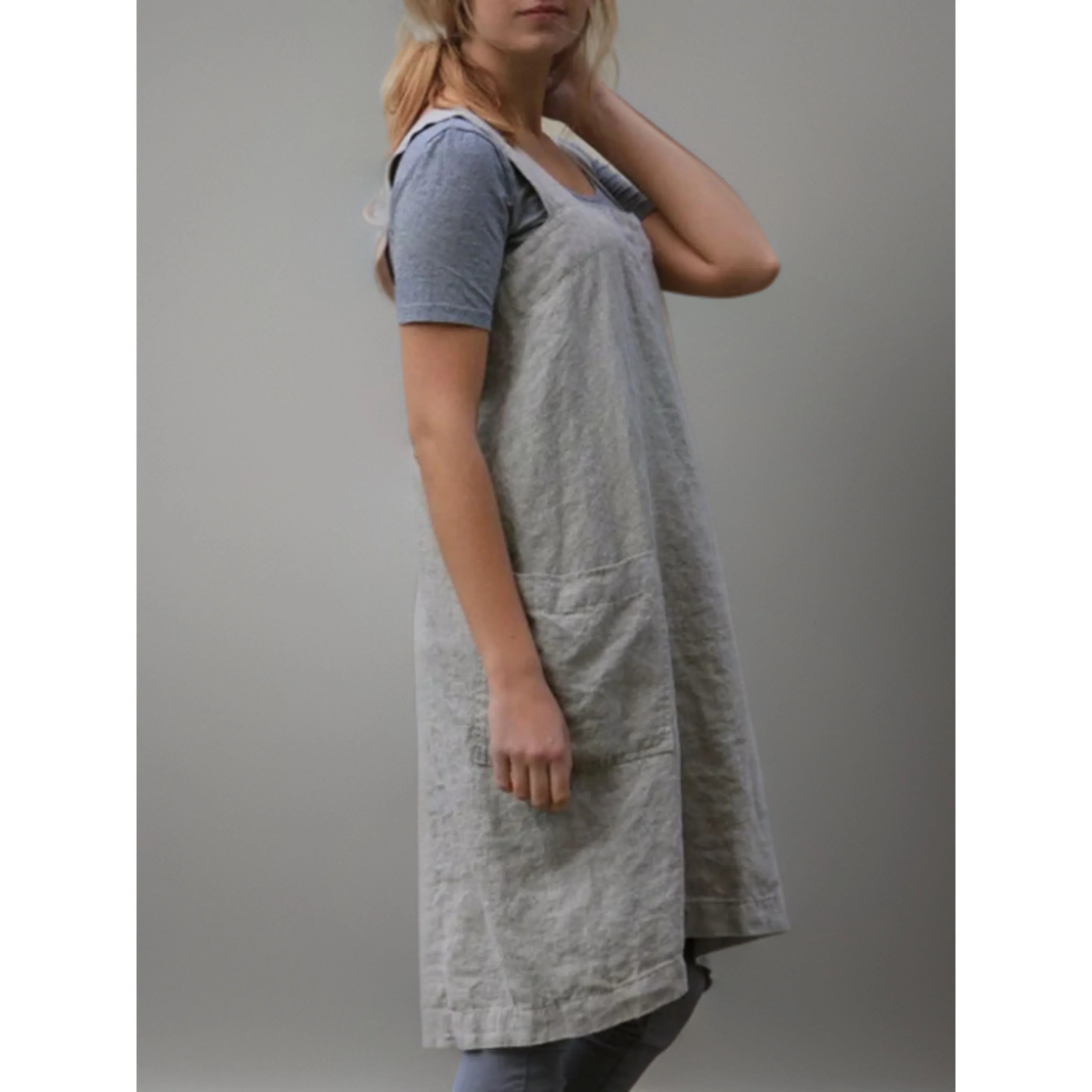 Women’s Linen Apron Midi Dress with Pockets