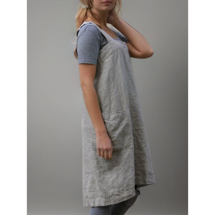 Women’s Linen Apron Midi Dress with Pockets