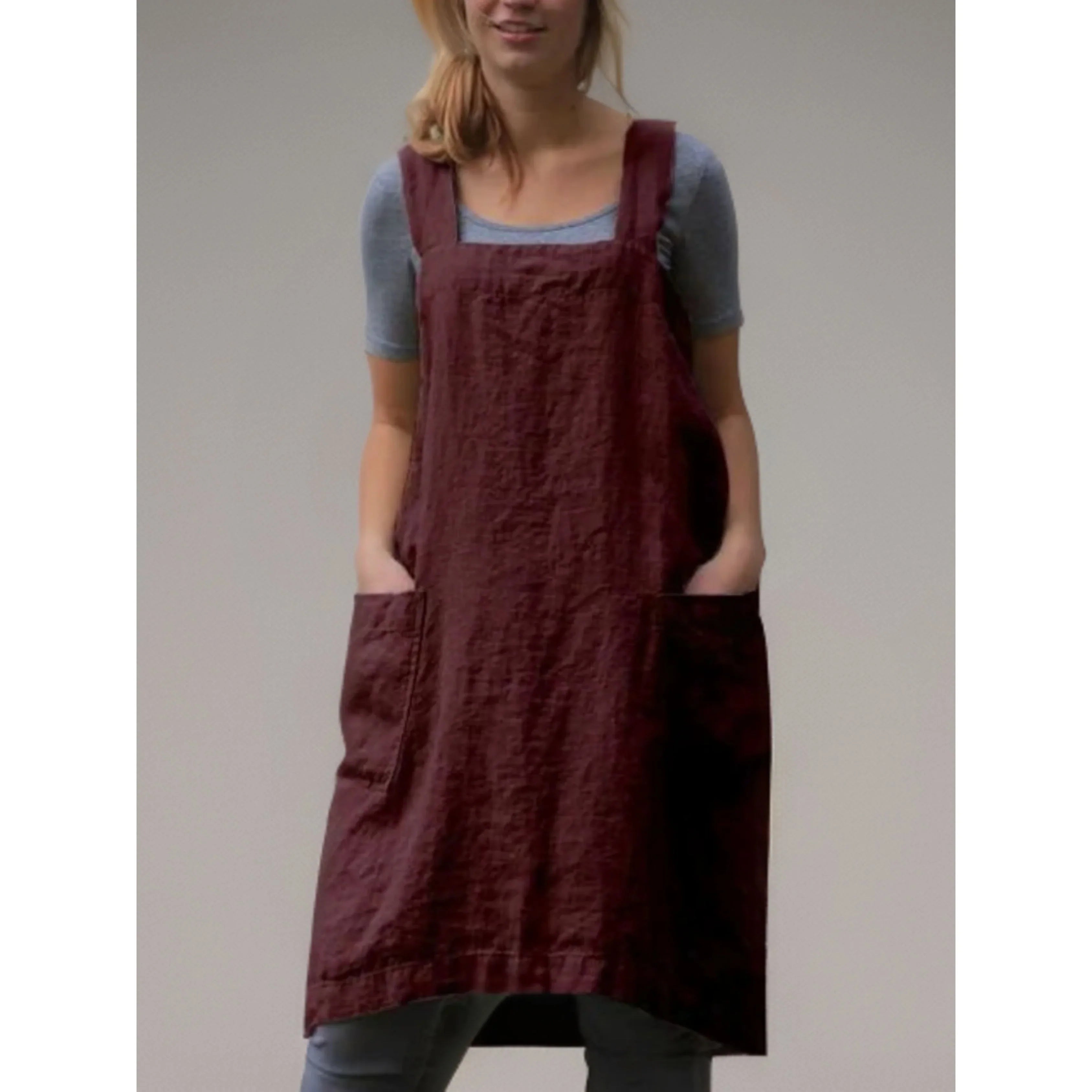 Women’s Linen Apron Midi Dress with Pockets