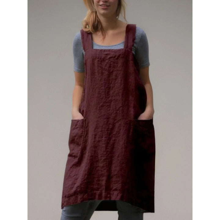 Women’s Linen Apron Midi Dress with Pockets