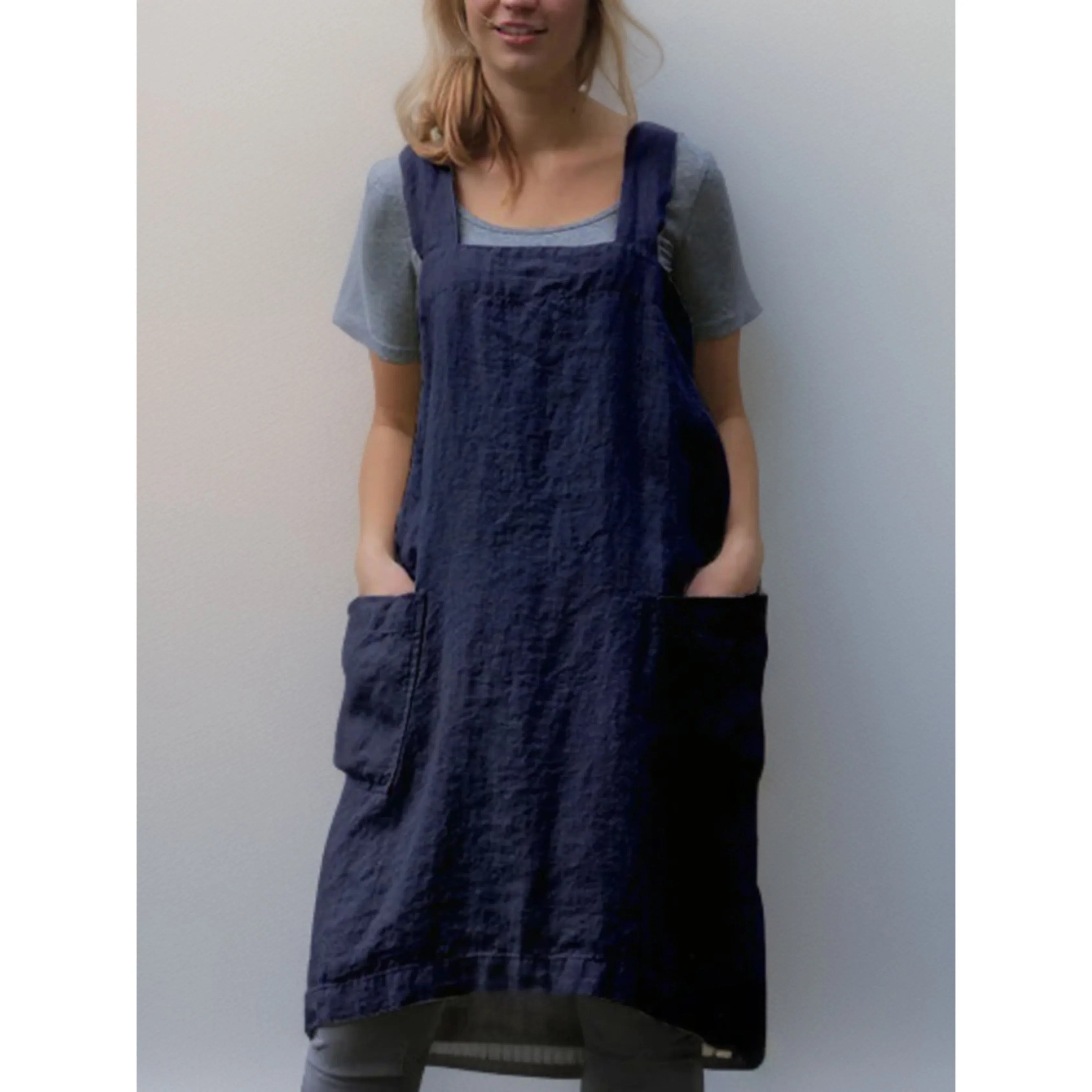 Women’s Linen Apron Midi Dress with Pockets