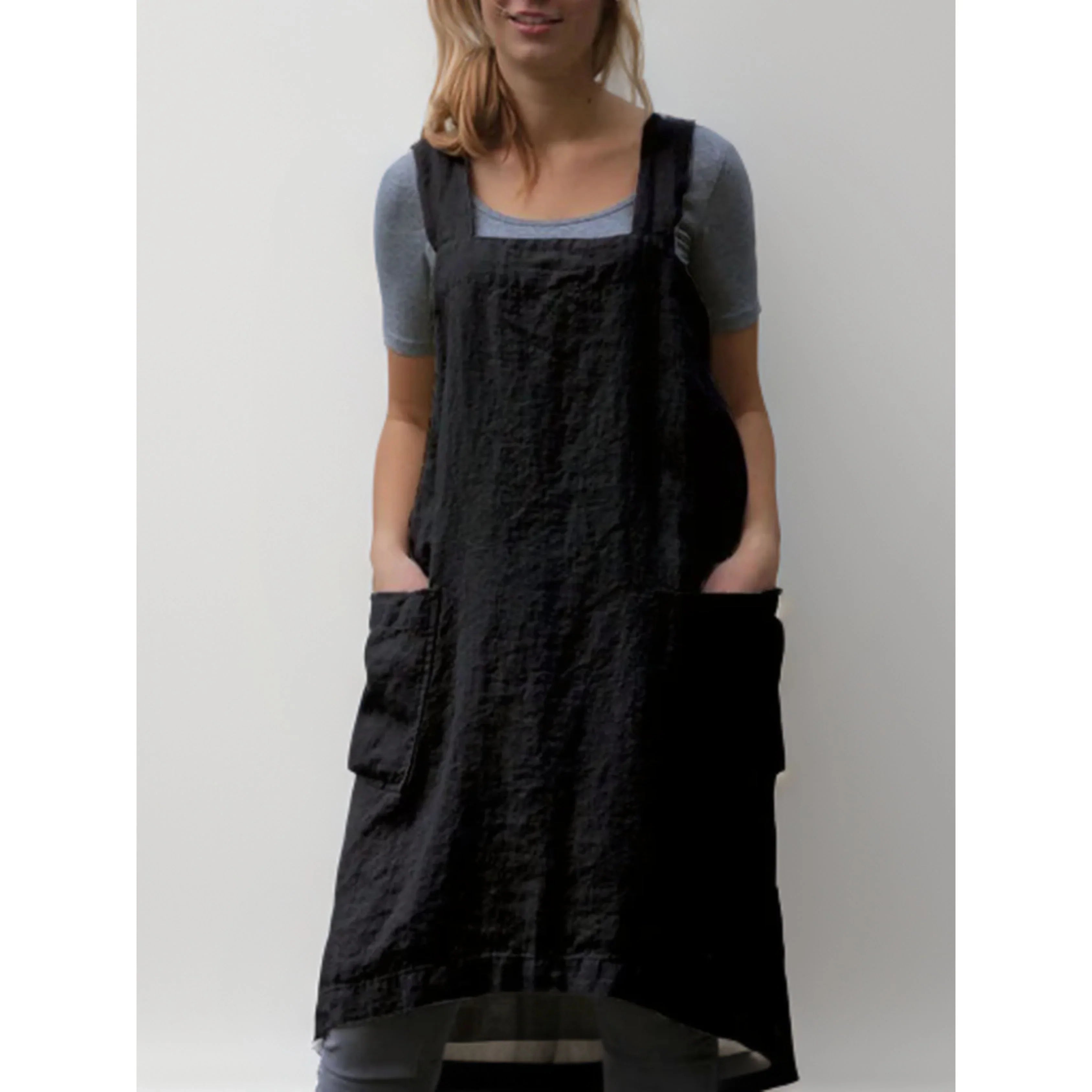 Women’s Linen Apron Midi Dress with Pockets