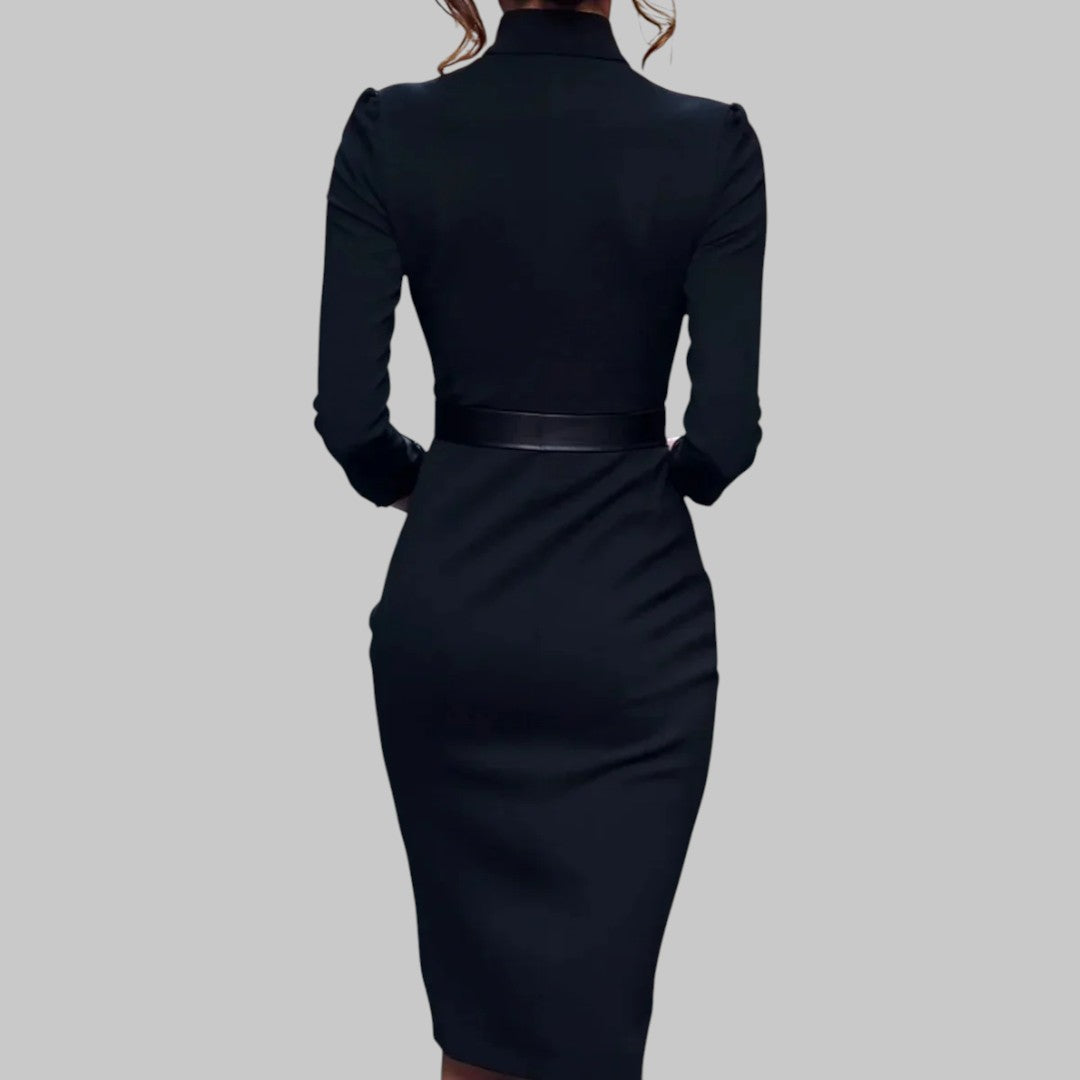 Women’s Long Sleeve Pencil Midi Dress with Belt V Neck Bodycon Office and Evening Wear