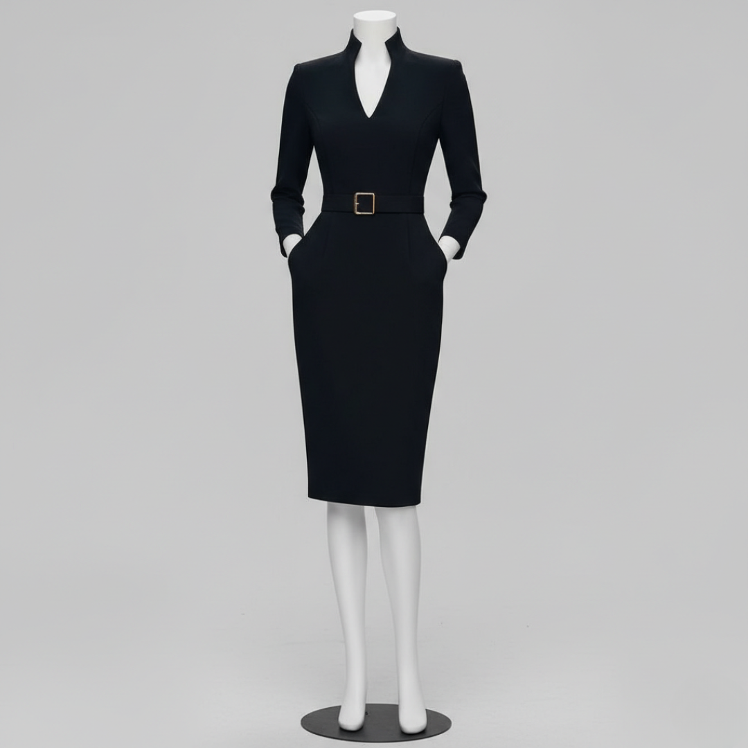 Women’s Long Sleeve Pencil Midi Dress with Belt V Neck Bodycon Office and Evening Wear