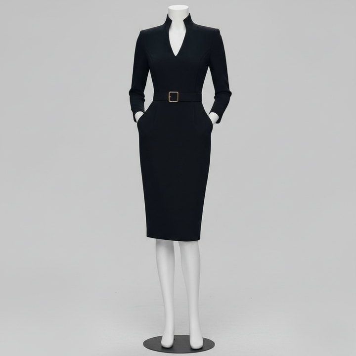 Women’s Long Sleeve Pencil Midi Dress with Belt V Neck Bodycon Office and Evening Wear