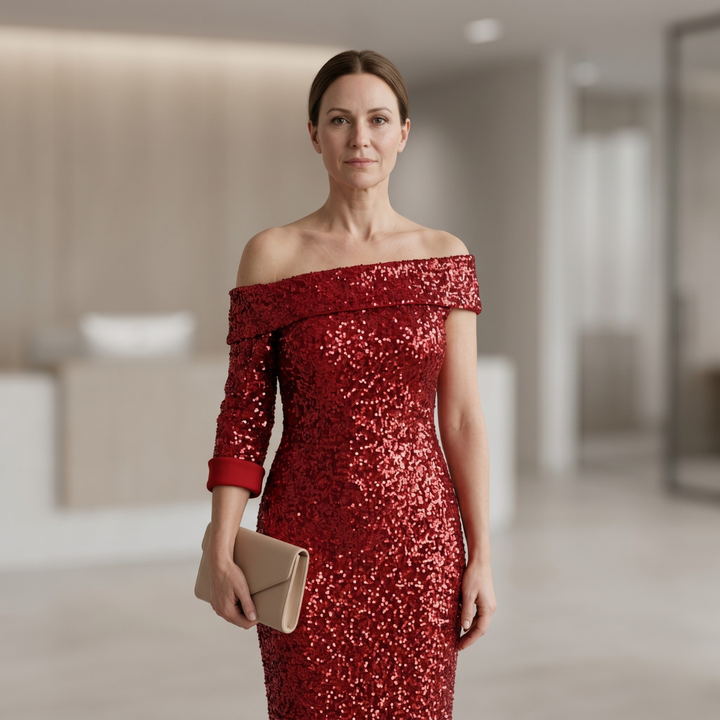 Women's red one-shoulder midi dress with contrasting sequins and long sleeves