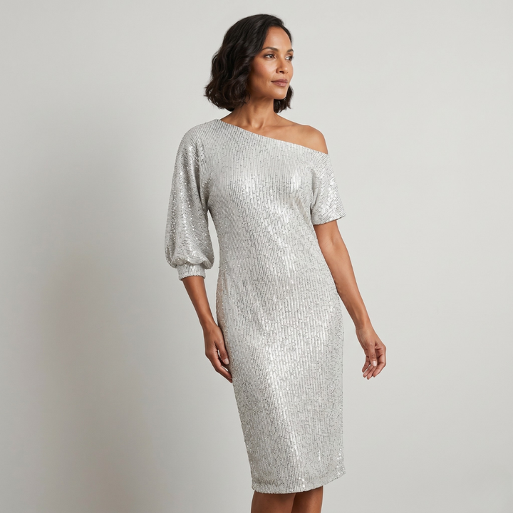 Women's silver one-shoulder midi dress with contrasting sequins and balloon sleeves