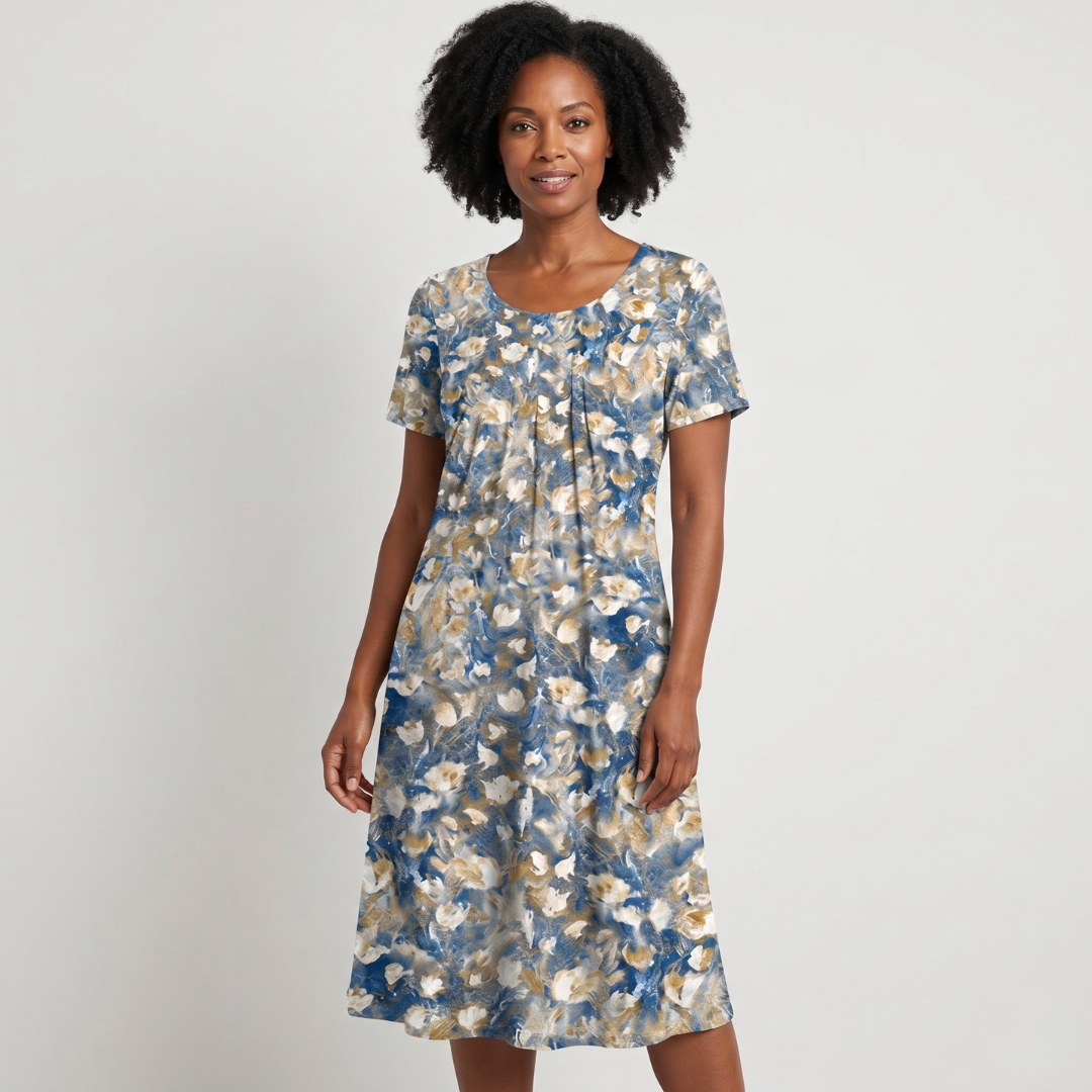 Blue gold and white abstract floral midi dress for women