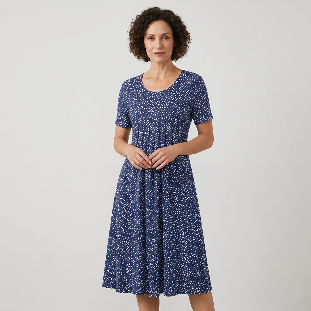 Navy blue dotted midi dress for women with gathered waist