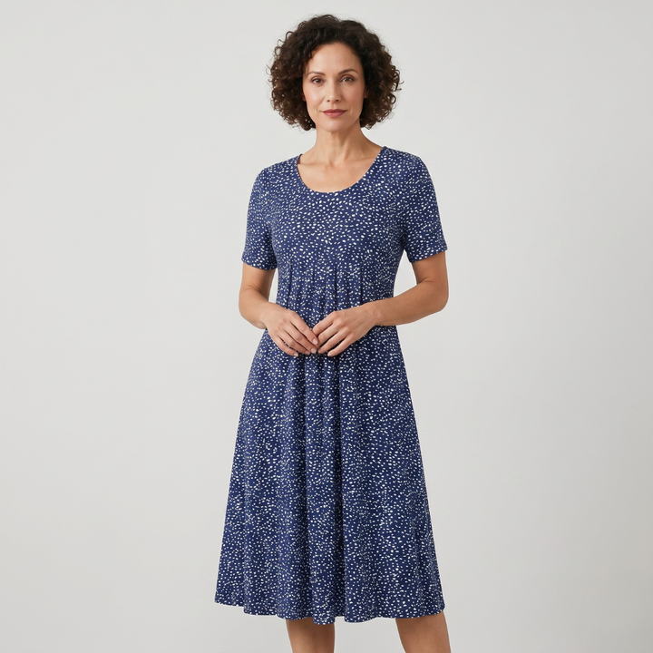 Navy blue dotted midi dress for women with gathered waist