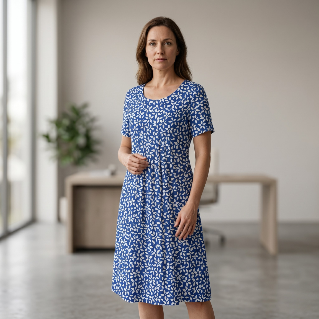 Women's blue floral midi dress with short sleeves and gathered waist