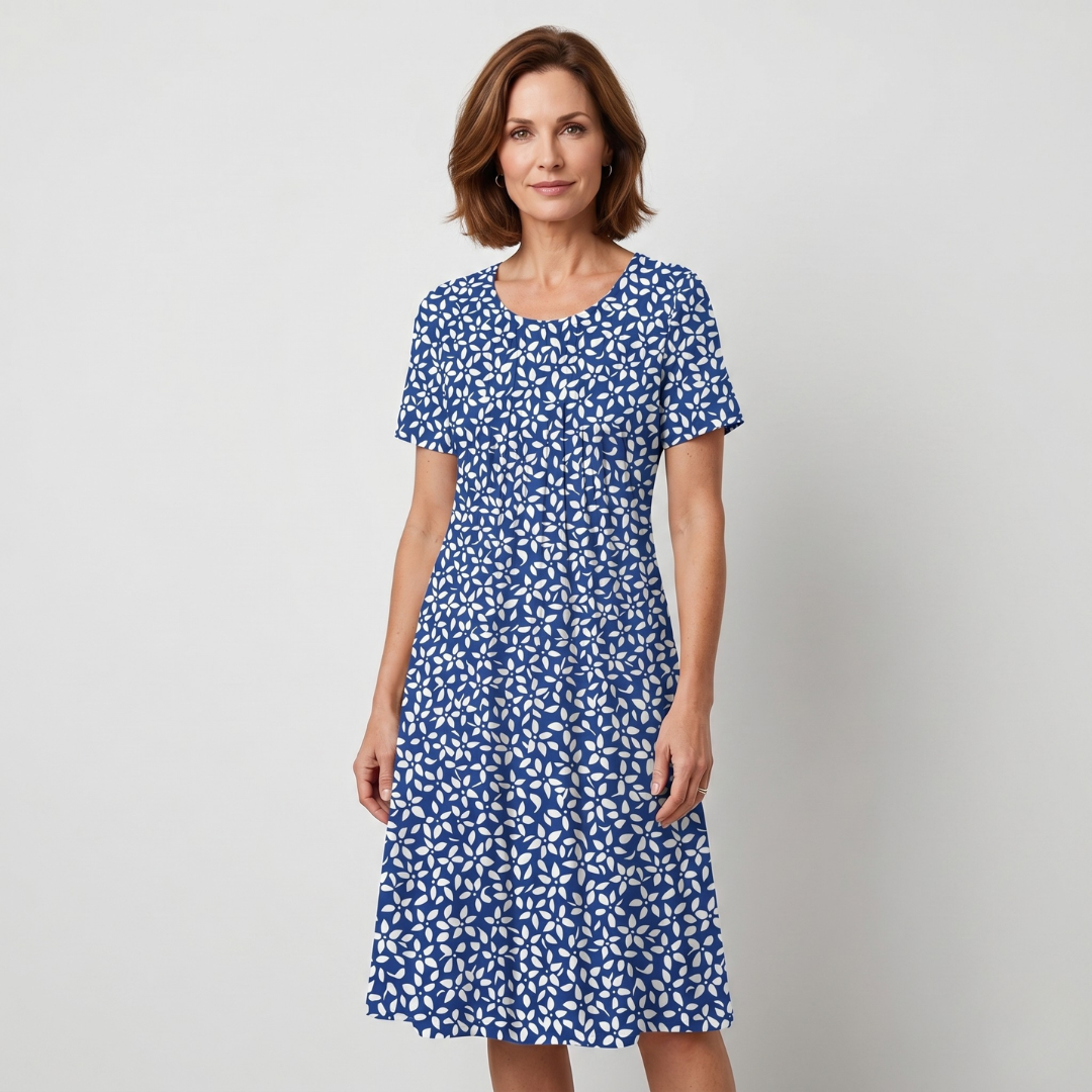 Navy blue abstract leaf pattern midi dress with flared skirt