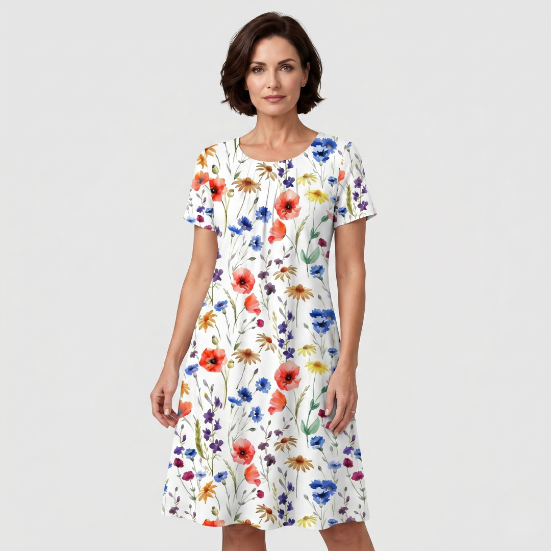 Women's white floral midi dress with red poppies and blue cornflowers