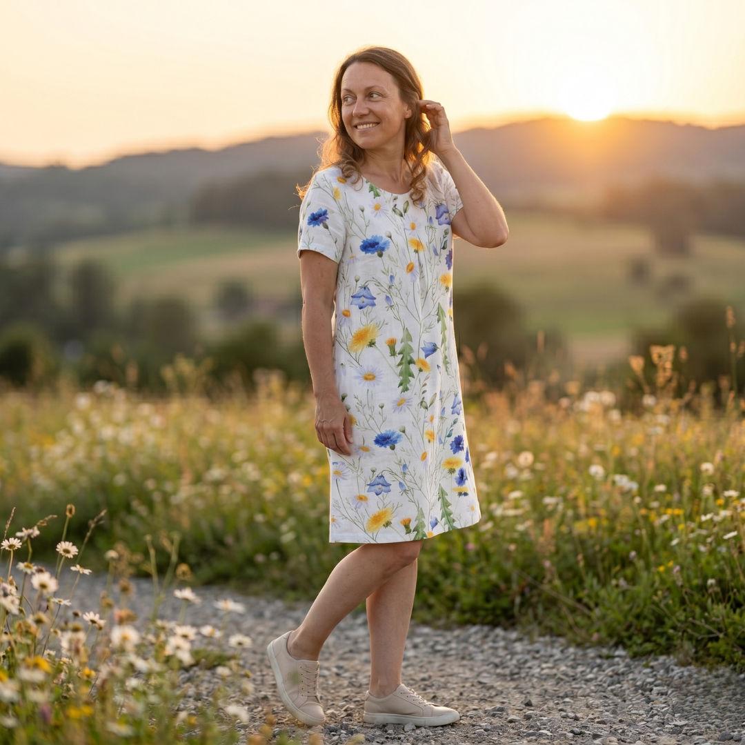 Woman wearing white floral midi dress walking in sunlit wildflower field