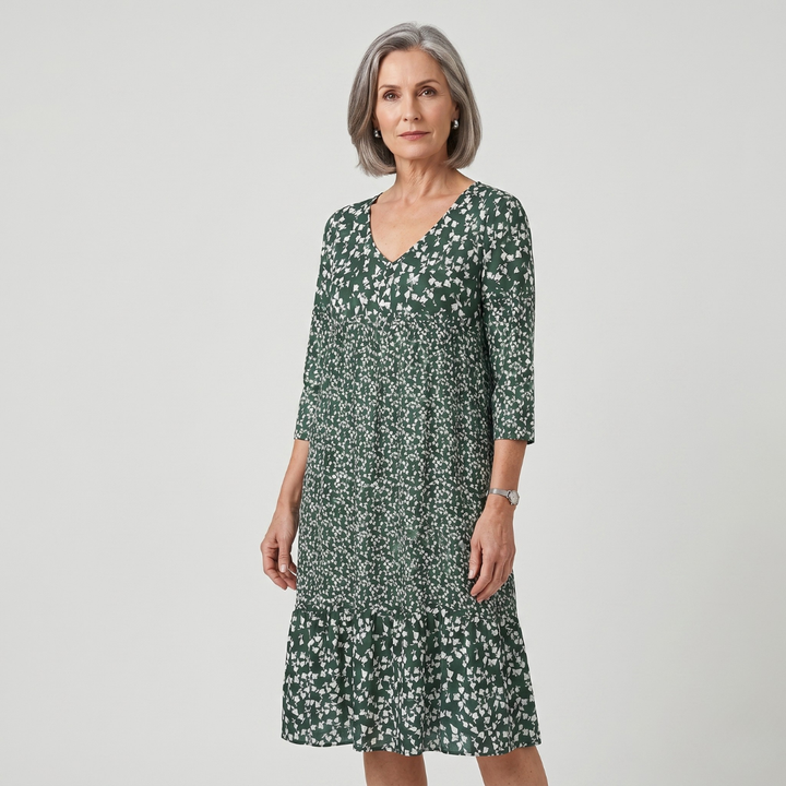 Dark green white floral midi dress side profile fit