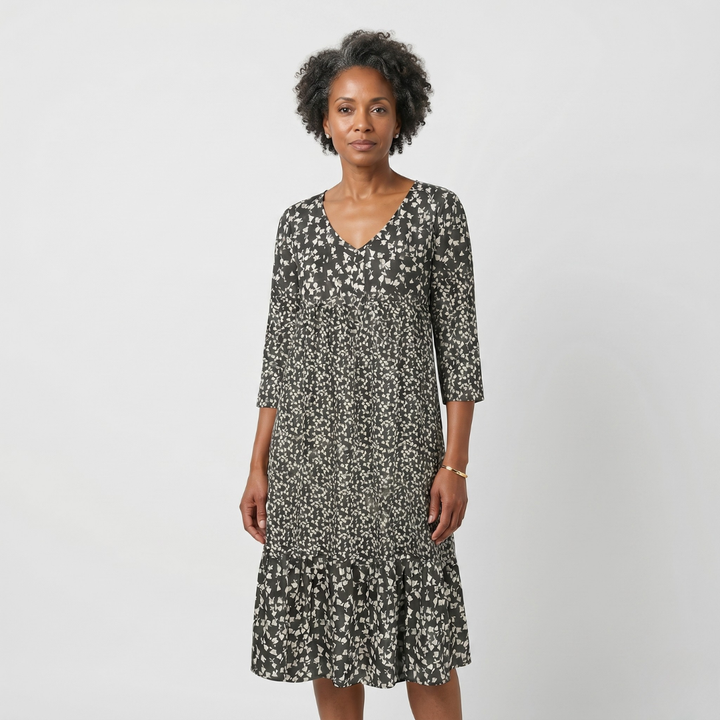 Charcoal gray floral midi dress with light pattern detail