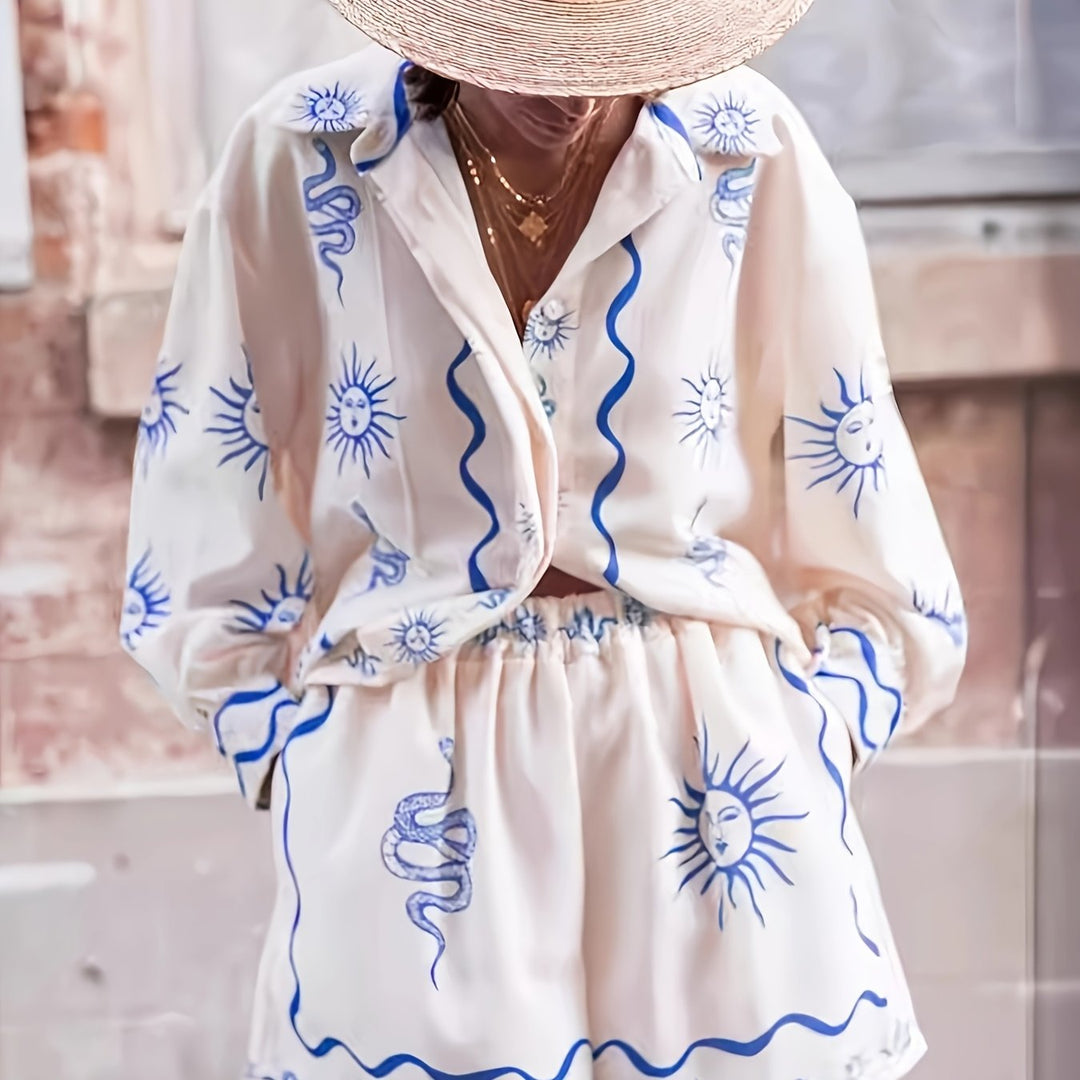 Women's white sun and snake print two-piece shirt and shorts set with long sleeves