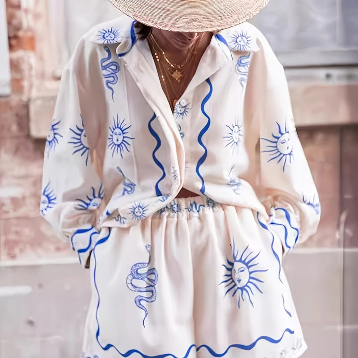Women's white sun and snake print two-piece shirt and shorts set with long sleeves