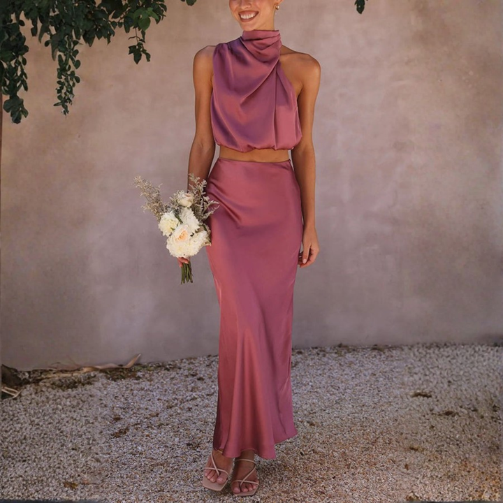 dusty rose satin halter neck two piece set with asymmetrical drape