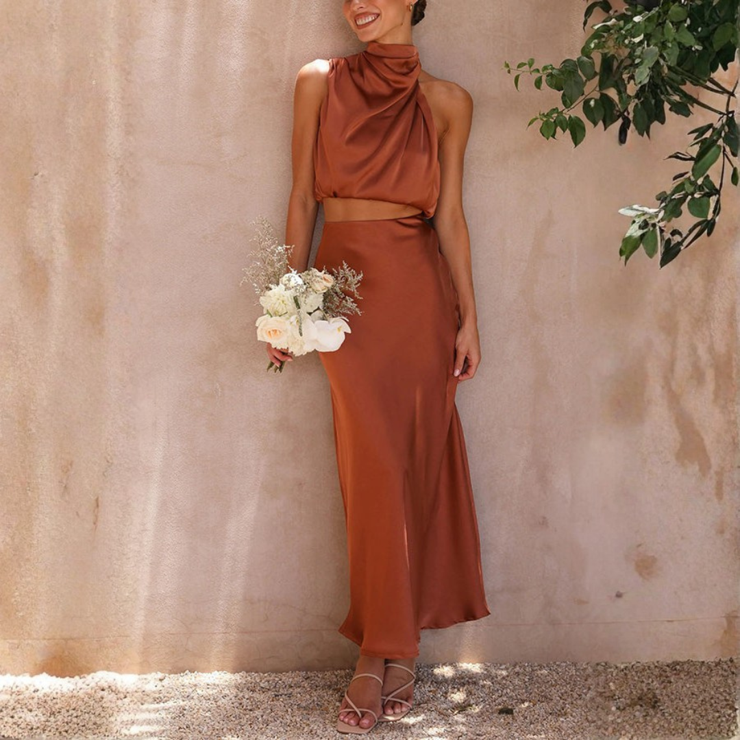 rust brown satin two piece gown set with cowl neck and flared skirt