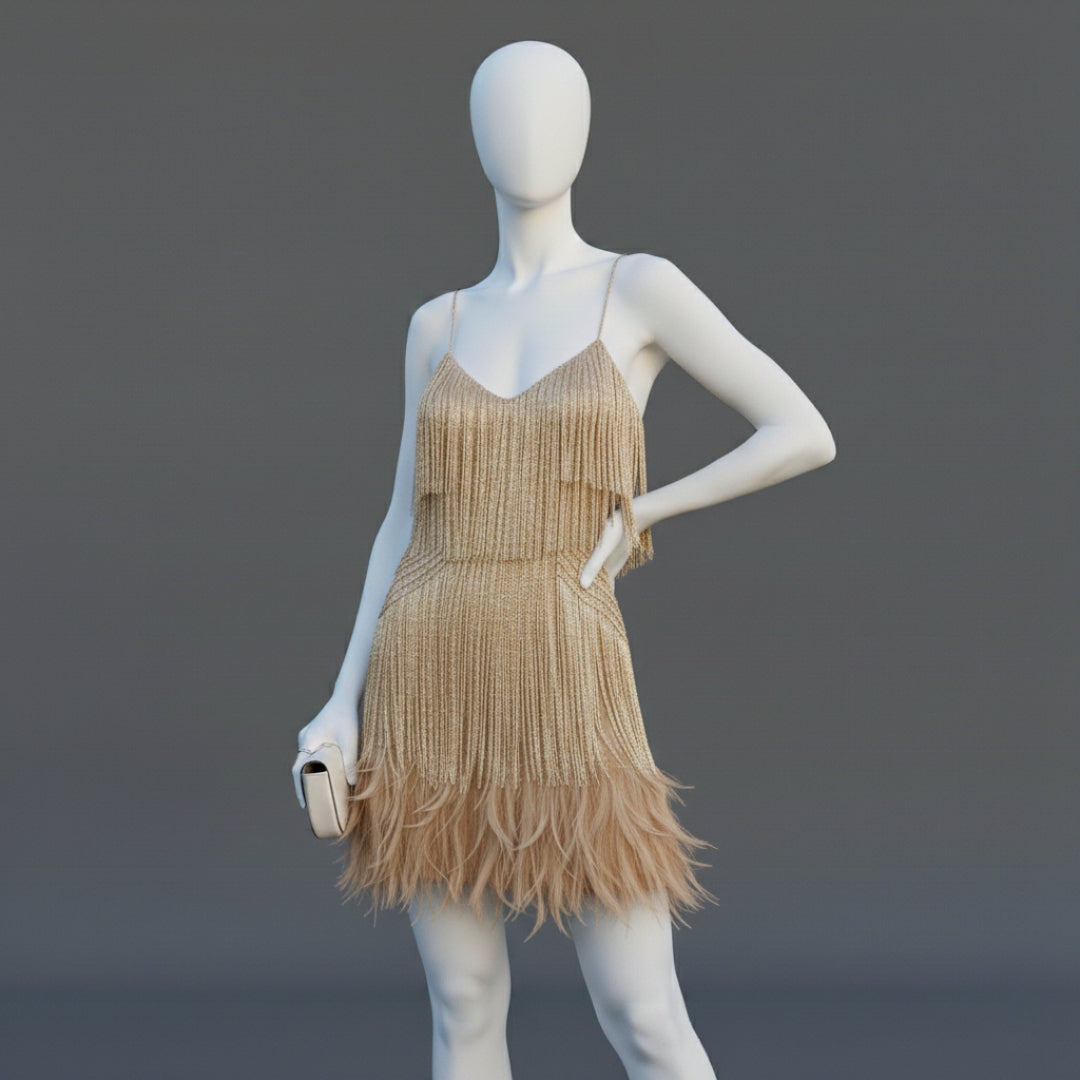 Women’s Sequined Mini Dress with Feather Trim Sleeveless Sparkling Evening Gown